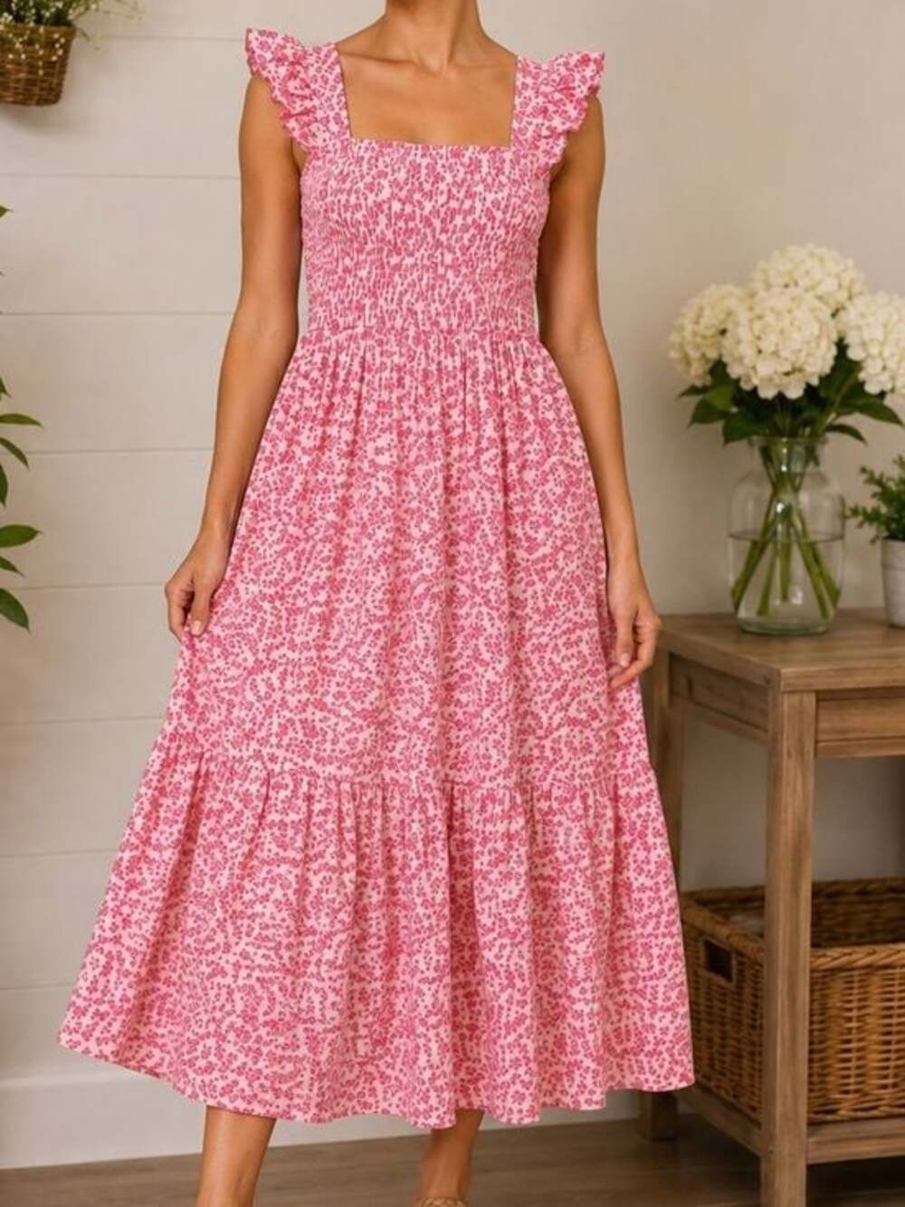ON 34th Pink Floral Smocked Maxi Dress Women’s XS Ruffle Strap Cottagecore